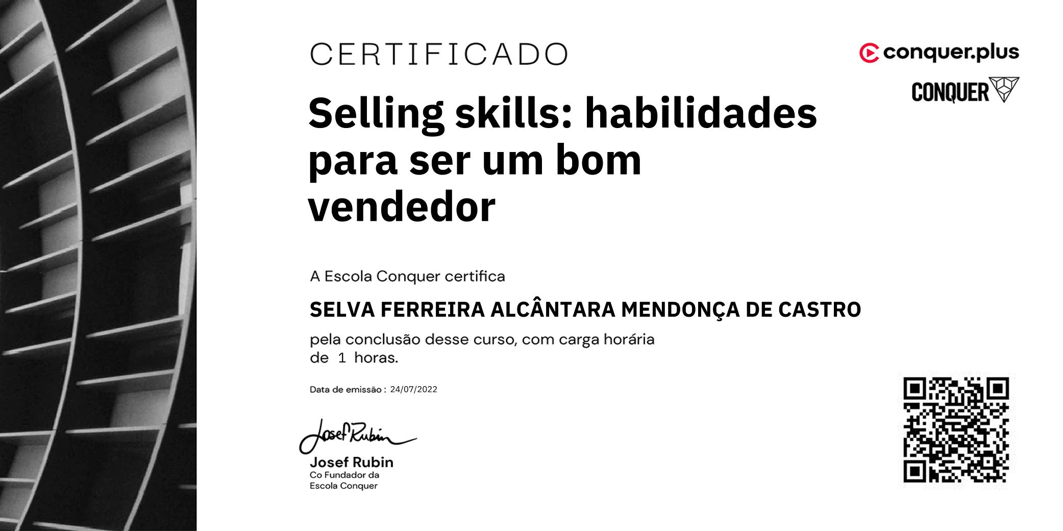Certificado de Selling skills: habilidades para ser um bom vendedor